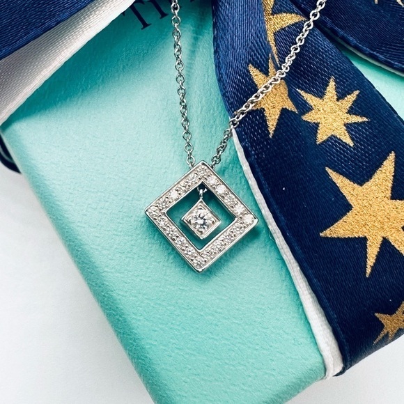 RARE Tiffany & Co. .26 TCW Diamond Open Square Necklace in Platinum w Packaging - Picture 4 of 11